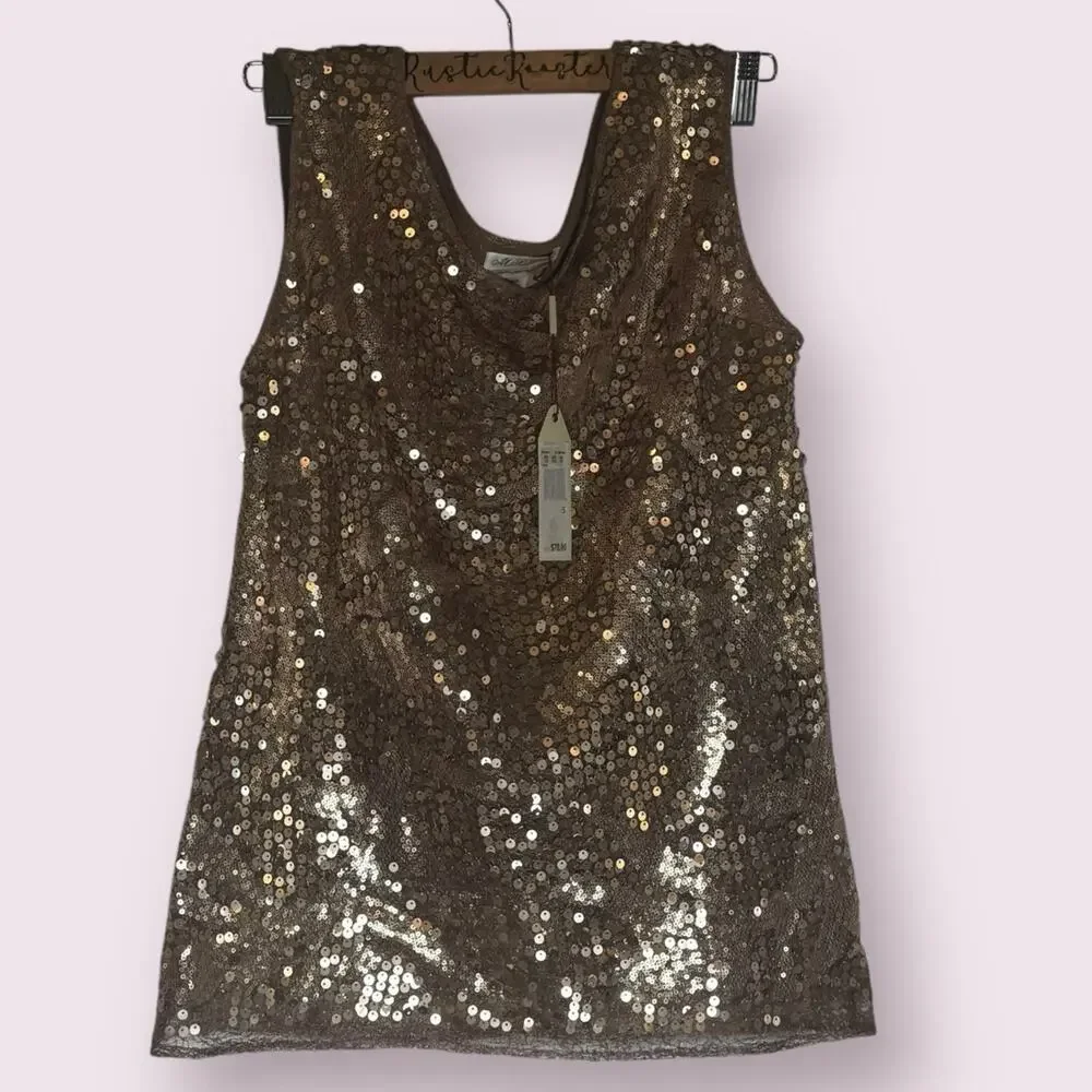 Max Studio Rose Gold Sequin Scoop Neck Glam Top Small - Picture 6 of 8